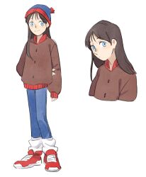 Rule 34 | 1girl, animification, arm behind back, beanie, black hair, blue eyes, commentary request, denim, full body, genderswap, genderswap (mtf), hat, highres, jacket, jeans, long hair, long sleeves, loose socks, multiple views, pants, pom pom (clothes), pom pom beanie, shoes, shouri (mirrorshards), smile, sneakers, socks, south park, stan marsh