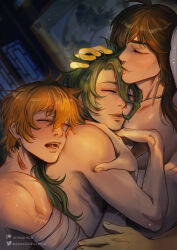3boys baizhu_(genshin_impact) bandaged_arm bandages brown_eyes closed_eyes colored_skin drooling earrings genshin_impact green_hair hand_on_another&#039;s_head hand_on_another&#039;s_shoulder highres jewelry kirashion lips long_hair male_focus multiple_boys nose nude open_mouth orange_hair patreon_logo patreon_username saliva scar scar_on_arm sharp_teeth short_hair sleeping sleeping_on_person sleeping_together tartaglia_(genshin_impact) tassel tassel_earrings teeth toned toned_male tongue topless_male twitter_logo twitter_username upper_body yaoi yellow_skin zhongli_(genshin_impact)