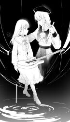 2girls absurdres ascot bang_dream! bang_dream!_it&#039;s_mygo!!!!! bass_guitar beret buttons character_request check_character choker commentary dress earrings eye_contact frilled_choker frills greyscale hair_behind_ear hat highres holding holding_knife holding_weapon imminent_stabbing instrument jewelry knife long_sleeves looking_at_another medium_hair monochrome mortis_(bang_dream!) multiple_girls parted_lips profile shoes sidelocks sitting smile standing wakaba_mutsumi weapon yanque