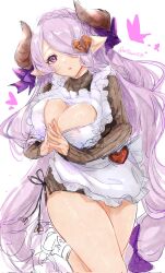 apron blue_eyes blush breasts bug butterfly cleavage cleavage_cutout clothing_cutout draph granblue_fantasy hair_ornament hair_over_one_eye heart highres horns huge_breasts insect long_hair looking_at_viewer narmaya_(granblue_fantasy) narmaya_(valentine)_(granblue_fantasy) nattsun_(018) open_mouth own_hands_together purple_hair purple_ribbon ribbon sweater thick_thighs thighs
