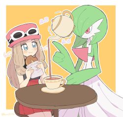 1girl black_thighhighs blonde_hair blue_eyes blush breasts closed_mouth cup eating eyelashes eyewear_on_headwear food gardevoir gen_3_pokemon han0579 hat highres long_hair nintendo pastry pastry_bag pink_hat pokemon pokemon_(creature) pokemon_xy red_hat red_skirt serena_(pokemon) shirt sitting skirt sleeveless sleeveless_shirt smile sunglasses table tea teacup teapot telekinesis thighhighs white-framed_eyewear