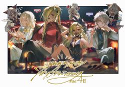 Rule 34 | !?, ..., 1girl, 6+boys, alternate costume, bead bracelet, beads, beelzebub (granblue fantasy), black dress, blonde hair, blush stickers, border, bow, bowtie, bracelet, braid, cake, candle, chef hat, cocktail, cocktail glass, collar, collared shirt, commentary request, copyright name, couch, crossed legs, cup, dark skin, dress, drinking glass, earrings, eighth note, elsam (granblue fantasy), english text, erune, fang, food, fork, formal clothes, fruit, granblue fantasy, grey eyes, hair ornament, hat, helel ben sahar (granblue fantasy), helel ben shalem, highres, jacket, jewelry, lime (fruit), lime slice, long hair, lowain (granblue fantasy), lucilius (granblue fantasy), lucio (granblue fantasy), multiple boys, multiple rings, musical note, official art, open clothes, open jacket, outside border, own hands clasped, own hands together, pacifier, pillow, red eyes, red shirt, ring, saucer, scared, shirt, short hair, smile, speech bubble, stitches, suit, suspenders, sweatdrop, teacup, teeth, tomoi (granblue fantasy), tray, tuxedo, white border, white hair