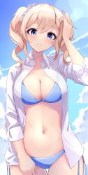 Rule 34 | 1girl, absurdres, adjusting hair, alternate costume, barbara (genshin impact), bikini, bikini under clothes, blonde hair, blue bikini, blue eyes, blue sky, breasts, cleavage, closed mouth, collared shirt, commentary request, cowboy shot, dress shirt, genshin impact, hair ornament, highres, large breasts, light blush, long sleeves, medium hair, navel, open clothes, open shirt, sazanka, shirt, side-tie bikini bottom, sidelocks, sky, smile, solo, standing, stomach, swimsuit, twintails, white shirt