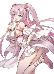 1girl ass bare_shoulders breasts green_eyes hair_ornament highres long_hair looking_at_viewer open_mouth panties pink_hair puzzle_&amp;_dragons sideboob twintails underwear venus_(p&amp;d) wamachi_(hamachi_oekaki) white_panties