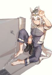 1girl absurdres ahoge animal_ears barefoot black_shoes commentary_request dirty dirty_clothes ear_ornament faucet fingernails grey_eyes grey_hair hair_ornament highres horse_ears horse_girl horse_tail jacket kasamatsu_tracen_training_uniform looking_at_viewer marbow_tomato multicolored_hair multicolored_jacket oguri_cap_(umamusume) pants purple_jacket purple_pants shoes sleeves_rolled_up solo streaked_hair tail toenails track_jacket track_pants track_suit twitter_username two-tone_jacket umamusume umamusume:_cinderella_gray unworn_shoes washing_feet white_hair white_jacket