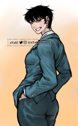 1girl aqua_suit ass ayaki_blade black_hair breasts crossdressing ear_piercing earrings highres instagram_logo jewelry long_sleeves looking_at_viewer looking_to_the_side medium_breasts original piercing short_hair simple_background solo tomboy twitter_logo twitter_username very_short_hair