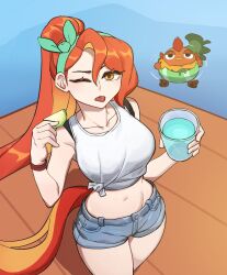 1girl ;p bare_shoulders blue_shorts breasts collarbone commentary cowboy_shot cup denim denim_shorts earrings english_commentary floating from_above green_hairband hairband highres holding holding_cup hyyun_ho indie_virtual_youtuber jewelry june_(hyyun_ho) large_breasts long_hair looking_at_viewer midriff navel one_eye_closed orange_eyes orange_hair ponytail shirt short_shorts shorts sleeveless sleeveless_shirt solo standing tied_shirt tongue tongue_out very_long_hair white_shirt wristband