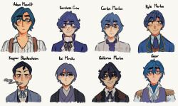 Rule 34 | 6+boys, adam moonlit, aku no musume (series), akujiki musume conchita (vocaloid), akutoku no judgement (vocaloid), ascot, bags under eyes, beard stubble, black bow, black robe, blue ascot, blue eyes, blue hair, blue jacket, blue kimono, blue neckerchief, blue suit, blue vest, blush stickers, bow, carlos marlon, chef, cigarette, collared jacket, collared shirt, enbizaka no shitateya (vocaloid), epaulettes, evil grin, evil smile, evillious nendaiki, facial hair, formal clothes, frilled ascot, frills, gallerian marlon, gear (evillious nendaiki), grin, hair between eyes, high collar, highres, holding, holding cigarette, jacket, japanese clothes, judge, kaito (vocaloid), karchess crim, kimono, look-alike, manque, moonlit bear (vocaloid), mouth hold, multiple boys, neckerchief, nemurase hime kara no okurimono (vocaloid), open clothes, open collar, open shirt, pale skin, reincarnation, robe, shinon no tokeitou (vocaloid), shirt, short hair, smile, smoking, straight hair, striped clothes, striped shirt, stubble, suit, suspenders, swept bangs, venomania kou no kyouki (vocaloid), vertical-striped clothes, vertical-striped shirt, vest, vocaloid, wavy hair, white ascot, yukata