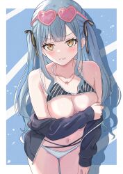 Rule 34 | 1girl, absurdres, bang dream!, bang dream! it&#039;s mygo!!!!!, beniyomogi, bikini, black ribbon, blue background, blue hair, blush, border, breasts, cleavage, clenched teeth, collarbone, commentary request, covering breasts, covering privates, embarrassed, grey jacket, hair ribbon, heart, heart-shaped eyewear, highres, jacket, jewelry, long hair, looking at viewer, medium breasts, necklace, open mouth, outside border, partial commentary, pink-framed eyewear, pink-tinted eyewear, ribbon, sidelocks, solo, swimsuit, teeth, tinted eyewear, togawa sakiko, wardrobe malfunction, white bikini, white border, yellow eyes