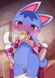 1girl aged_down animal_crossing animal_ears blue_hair blush breasts cat_ears cat_girl cat_tail clothes_lift condom condom_in_mouth dagasi dress dress_lift female_focus furry furry_female loli looking_at_viewer mouth_hold nintendo nipples on_bed panties panties_around_leg pink_eyes pussy pussy_juice pussy_juice_trail rosie_(animal_crossing) small_breasts solo standing steam tail trembling uncensored underwear white_panties