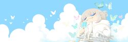 Rule 34 | 1boy, :3, baggy clothes, blue butterfly, blue sky, bug, butterfly, character hood, chibi, chibi only, closed eyes, cloud, colored eyelashes, day, fate/grand order, fate (series), food, green butterfly, grey hair, hair bun, hand in pocket, happy, holding, holding food, holding popsicle, hood, ice cream, insect, jacket, long sleeves, mame nabe donko, oberon (fate), oberon (refreshing summer prince) (fate), pink butterfly, popsicle, popsicle stick, short hair, simple background, sky, smile, twitter banner, white butterfly, white jacket