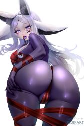 18dikart 1girl animal_ears artist_name ass blue_eyes bodystocking bound breasts cameltoe colored_tongue dyarikku_(vtuber) eyelashes facial_mark fingernails from_behind highres indie_virtual_youtuber long_hair looking_back open_mouth purple_tongue ribbon ribbon_bondage sharp_fingernails solo tongue tongue_out virtual_youtuber white_hair x x_facial_mark
