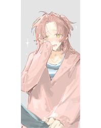 Rule 34 | 1girl, blush, crying, crying with eyes open, green eyes, grey background, long sleeves, open mouth, original, parted bangs, pink hair, pink sweater, qyzhiaiyisheng, shirt, solo, sparkle, striped clothes, sweater, tears