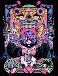 ! 5girls black_cat black_hair blunt_bangs bob_cut card cat cherry crisalys dice double_bun english_text flower food fruit hair_bun highres long_sleeves multiple_girls no_nose original pink_flower pink_hair ponytail purple_eyes purple_hair twintails white_hair