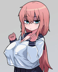 1girl aged_down blue_eyes breasts female_focus large_breasts long_hair looking_at_viewer michinoku_komaro nipple_visible_under_clothing nose open_mouth pink_hair school_uniform seitokai_ni_mo_ana_wa_aru! simple_background skirt solo u3046u3055u307fu5c4b white_background