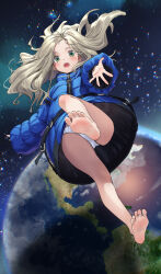 1girl absurdres bare_legs barefoot blue_jacket brown_hair character_request down_jacket earth_(planet) feet green_eyes highres jacket long_hair looking_at_viewer no_shoes open_mouth panties planet pragmata reaching reaching_towards_viewer soles tenkuu_nozora underwear white_panties