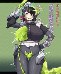 Rule 34 | 1girl, absurdres, black hair, body modification, breasts, colored inner hair, corruption, crystal sword, ellen joe, ethereal (zenless zone zero), fins, fish tail, frilled wristband, green eyes, hair ornament, herutsuheimuu, highres, large breasts, looking at viewer, looking up, maid headdress, metal hairband, mind control, mole, mole under eye, monster, monsterification, multicolored hair, navel, one breast out, open mouth, red hair, salute, shark girl, shark tail, short hair, smile, solo, spiked headband, sword, tail, torn clothes, transformation, translation request, two-tone hair, weapon, zenless zone zero