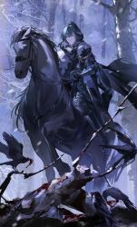 1boy absurdres ameinu armor bare_tree bird black_hair blood boots cape cloak crow forest fur_trim gauntlets gloves highres holding hood hood_up horse horseback_riding looking_at_viewer male_focus nature original outdoors reins riding saddle short_hair snow snowing sword tree weapon