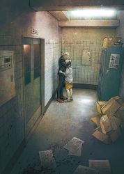 2boys black_jacket black_pants black_suit blonde_hair blood blood_splatter blood_stain box brown_footwear cardboard_box commentary door formal_clothes full_body highres hood hoodie hug indoors jacket kobone_awaki light light_particles locker male_focus multiple_boys original pants paper ponytail shoes shorts sneakers suit tile_wall tiles