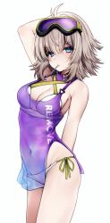 Rule 34 | 1girl, aa-12 (girls&#039; frontline), aa-12 (the sun never rises) (girls&#039; frontline), absurdres, apron, arm up, bags under eyes, bikini, candy, covered navel, food, furuca, girls&#039; frontline, girls&#039; frontline 2: exilium, goggles, goggles on head, highres, lind (girls&#039; frontline 2), lollipop, lollipop in mouth, looking at viewer, messy hair, neck warmer, official alternate costume, see-through apron, see-through clothes, side-tie bikini bottom, solo, swim goggles, swimsuit, white background