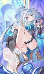 1girl absurdres asymmetrical_footwear bishop_(chess) black_socks blue_dress blue_eyes blue_hair breasts cerydra_(honkai:_star_rail) chess_piece commentary_request crown dress feet foot_focus hair_intakes highres holding holding_chess_piece honkai:_star_rail honkai_(series) jndfh king_(chess) long_hair looking_at_viewer mini_crown mismatched_footwear parted_lips pawn_(chess) rook_(chess) sitting_on_throne small_breasts socks soles solo thigh_strap thighs uneven_footwear white_socks wings