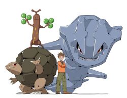 1boy brock_(pokemon) brown_hair brown_shoes closed_eyes closed_mouth crossed_arms facing_viewer gen_1_pokemon gen_2_pokemon golem_(pokemon) hashtag-only_commentary highres male_focus nintendo orange_shirt pants pokemon pokemon_(creature) pokemon_hgss psaber97 shirt shoes short_hair smile standing steelix sudowoodo white_background