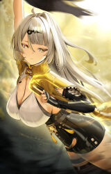 1girl absurdres bird black_bird black_shorts breasts elbow_gloves fingerless_gloves gloves high-waist_shorts highres mole mole_on_breast mole_on_chest nokyang shorts single_elbow_glove single_hair_intake single_thighhigh solo thighhighs vest white_hair yellow_eyes yellow_vest yi_xuan_(zenless_zone_zero) yin_yang_pin zenless_zone_zero