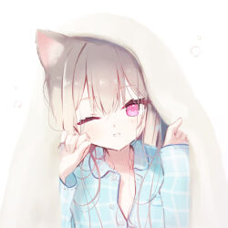 Rule 34 | 1girl, animal ear fluff, animal ears, blanket, blue pajamas, blue shirt, brown hair, collared shirt, commentary request, dress shirt, hands up, humuyun, long hair, long sleeves, looking at viewer, one eye closed, original, pajamas, pink eyes, shirt, simple background, sleeves past wrists, smile, solo, upper body, white background