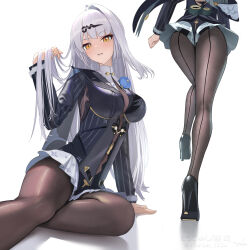 1girl ass black_jacket black_leotard black_pantyhose black_shoes blush breasts commentary frilled_leotard frills from_behind hair_ornament hairclip high_heels highres jacket large_breasts leotard long_hair looking_at_viewer multiple_views official_alternate_costume pantyhose parted_lips playing_with_own_hair shoes simple_background sitting torjun_111 white_background yellow_eyes yixuan_(trails_of_ink)_(zenless_zone_zero) yixuan_(zenless_zone_zero) yokozuwari zenless_zone_zero
