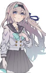 Rule 34 | 1girl, black hairband, blue ribbon, buttons, collared shirt, double-breasted, firefly (honkai: star rail), firefly (spring missive) (honkai: star rail), gradient hair, green pupils, grey hair, grey sailor collar, grey skirt, hair between eyes, hair intakes, hair ribbon, hairband, hand on own chest, highres, honkai: star rail, honkai (series), long hair, long sleeves, multicolored eyes, multicolored hair, pleated skirt, ribbon, sailor collar, shirt, simple background, skirt, smile, solo, two-tone eyes, tygn5q, white background, white shirt, white sleeves