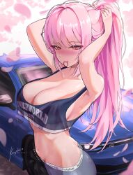 1girl absurdres adjusting_hair alternate_costume arms_up blush breasts car cleavage commentary crop_top crop_top_overhang english_commentary hair_tie_in_mouth high_ponytail highres hololive hololive_english keyokku large_breasts long_hair midriff mori_calliope motor_vehicle mouth_hold navel pink_eyes pink_hair ponytail solo standing tying_hair virtual_youtuber