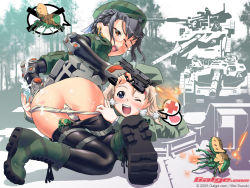2005 2girls bent_over beret clothes_pull firing galge.com glasses gun handgun hat military multiple_girls muzzle_flash panties panty_pull pantyhose pantyhose_pull pistol suzuki_mei underwear weapon