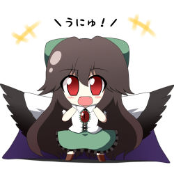 1girl animal_ears arms_up black_hair black_wings blush cape chibi fang female_focus hair_ribbon highres long_hair open_mouth red_eyes reiuji_utsuho ribbon shirt skirt smile solo tail teen_(teen629) third_eye touhou translation_request unyu wings