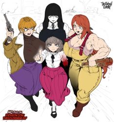 4girls abella_(fear_&amp;_hunger) amputee anger_vein artist_name bandaged_arm bandages bare_arms bare_shoulders black_dress black_hair black_ribbon black_shoes black_sweater blonde_hair blood bloody_bandages bomber_jacket boots breasts brown_boots brown_eyes brown_hair brown_jacket brown_tank_top chalk cleavage closed_mouth collarbone commentary dress face_piercing fear_&amp;_hunger_(series) fear_&amp;_hunger_2:_termina finger_on_trigger frilled_shirt_collar frills full_body gun holding holding_chalk holding_gun holding_weapon holding_wrench huge_breasts jacket karin_(fear_&amp;_hunger) long_hair long_sleeves looking_at_another looking_at_viewer marina_(fear_&amp;_hunger) mary_janes mouth_piercing multiple_girls muscular muscular_female neck_ribbon open_clothes open_jacket open_mouth overalls paid_reward_available patreon_username piercing pinafore_dress pink_skirt pointing pointing_at_viewer purple_skirt red_hair ribbon samarie_(fear_&amp;_hunger) shirt shoes skirt sleeveless sleeveless_dress socks standing sweat sweater tank_top teeth the_golden_smurf thick_thighs thighs very_long_hair weapon white_background white_shirt white_socks wrench yellow_overalls
