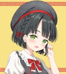 Rule 34 | 1girl, :d, absurdres, apron, beret, black hair, blunt bangs, blush, braid, collared shirt, commentary request, frilled shirt collar, frills, green eyes, grey apron, grey hat, hachiban ramen, hachiban ramen uniform, hanazora satsuki, hat, highres, link! like! love live!, looking at viewer, love live!, meandros, momose ginko, neck ribbon, official alternate costume, open mouth, puffy short sleeves, puffy sleeves, red ribbon, ribbon, shirt, short hair, short sleeves, side braids, smile, solo, upper body, virtual youtuber, white shirt, yellow background
