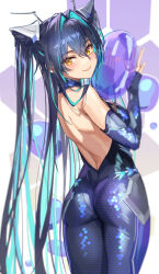 1girl aqua_hair ass backless_bodysuit backless_outfit black_hair blush bodysuit boots breasts bubble carrying elbow_gloves from_behind gloves goddess_of_victory:_nikke highres little_mermaid_(nikke) long_hair looking_at_viewer looking_back medium_breasts mitcher_meier multicolored_hair sideboob smile solo twintails two-tone_hair very_long_hair