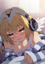 1girl angel_wings bare_shoulders blonde_hair blush breasts camisole fate/grand_order fate_(series) feathered_wings grey_sweater grin headphones highres jeanne_d&#039;arc_(fate) long_hair long_sleeves looking_at_viewer low_twintails lying metatron_jeanne_(fate) metatron_jeanne_(second_ascension)_(fate) off_shoulder on_stomach peisuto small_breasts smile solo striped_clothes striped_sweater sweater twintails very_long_hair white_camisole wings yellow_eyes