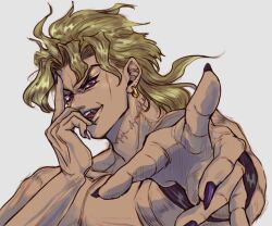 1boy backlighting black_nails blonde_hair derivative_work dio_brando ear_birthmark fingernails grey_background highres jojo_no_kimyou_na_bouken looking_at_viewer male_focus comic_panel_redraw mullet muscular muscular_male pointing pointing_at_viewer red_eyes ruushii_(lucy_steel6969) scar scar_on_neck sharp_fingernails solo stardust_crusaders stitched_neck stitches topless_male