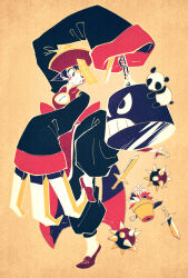 Rule 34 | 1girl, arm up, chinese clothes, claws, cleavage cutout, closed mouth, clothing cutout, dagger, darkstalkers, full body, hat, hsien-ko, jiangshi, knife, leg up, limited palette, ofuda, ofuda on head, panda, plant, potted plant, qingdai guanmao, red eyes, shoes, short hair, sleeves past fingers, sleeves past wrists, weapon, yuza
