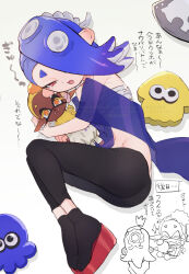 2girls ^^^ ass bare_shoulders big_man_(splatoon) black_leggings blue_hair blue_shawl cephalopod_eyes character_doll chest_sarashi chibi commentary_request earrings flat_chest frye_(deep_cut_outfit)_(splatoon) frye_(splatoon) groin hair_over_one_eye hairband highres horizontal_pupils hugging_object inkling jewelry leggings lying medium_hair midriff multiple_earrings multiple_girls navel nintendo octoling okobo on_side one_eye_covered open_mouth pink_pupils platform_sandals red_eyes sandals sarashi see-through_clothes see-through_shawl shawl shiver_(deep_cut_outfit)_(splatoon) shiver_(splatoon) simple_background solo_focus splatoon_(series) splatoon_3 stuffed_toy suction_cups tentacle_hair tooth_earrings translation_request utfu333 watermark white_background white_hairband