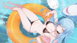 1girl absurdres afloat ahoge armpits bare_legs bare_shoulders barefoot bikini black_bikini black_choker blue_hair breasts breasts_apart butterfly_tattoo character_request check_character check_copyright choker chukibabo2 closed_mouth colored_inner_hair copyright_request criss-cross_halter expressionless feet from_above full_body hair_between_eyes halterneck highres huge_ahoge indie_virtual_youtuber innertube lens_flare light_blush long_hair looking_at_viewer medium_breasts mini/yami multi-strapped_bikini_top multicolored_hair navel one_side_up pink_hair revision seal_(animal) shark solo stomach strap_gap streaked_hair string_bikini swim_ring swimsuit tattoo thighs toes two-tone_hair very_long_hair virtual_youtuber water yellow_eyes