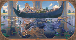 2girls bare_legs bare_shoulders black_collar black_dress blonde_hair blue_eyes breasts canoe cartethyia_(wuthering_waves) chinese_commentary collar commentary_request crown_of_thorns different_reflection dress dual_persona earrings flower highres holding holding_sword holding_weapon jewelry large_breasts legs long_hair multiple_girls pointy_ears reflection reflective_water sidelocks sitting small_breasts split_theme sword tabard tacet_mark_(wuthering_waves) thighs toto_(caaaaarrot) very_long_hair water weapon white_tabard wuthering_waves