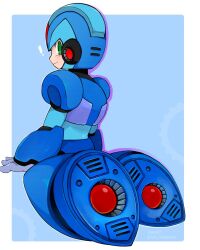 Rule 34 | 1boy, armor, blue armor, blue background, blue helmet, border, commentary request, forehead jewel, from behind, full body, green eyes, helmet, highres, kneeling, male focus, mega man (series), mega man x (series), simple background, solo, teto (y3832), white border, x (mega man)