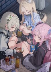 3girls absurdres alternate_costume angel_wings animal_ear_fluff animal_ears bag black_mask blonde_hair blue_archive breasts brown_hair cake cross_halo feathered_wings flower food fox_ears hair_bun hair_flower hair_ornament halo highres holding holding_milk_carton jirai_kei long_hair mask mika_(blue_archive) milk_carton miyabino_(miyabi1616) mouth_mask multiple_girls nagisa_(blue_archive) open_mouth pink_hair pink_halo plastic_bag plastic_bottle seia_(blue_archive) single_side_bun smile swiss_roll tea_party_(blue_archive) white_wings wings yellow_eyes yellow_halo