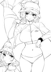 1girl ass bag bikini bikini_bottom_only blue_archive bucket_hat duffel_bag goshiki_suzu greyscale halo hat highres jacket monochrome monofin multicolored_jacket navel official_alternate_costume raglan_sleeves saki_(blue_archive) saki_(swimsuit)_(blue_archive) short_hair simple_background sketch solo swimsuit two-tone_jacket white_background