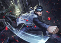3boys absurdres alley angry black_hair black_pants black_shoes blood blood_splatter floating_clothes floating_hair highres jacket kai_hadaly knife male_focus multiple_boys mystic_eyes_of_death_perception nanatsu-yoru official_alternate_costume open_clothes open_jacket pants reverse_grip shoes slashing tohno_shiki tsukihime tsukihime_(remake) type-moon undead