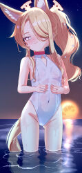 1girl absurdres animal_ear_fluff animal_ears averting_eyes bare_shoulders blonde_hair blue_archive blush breasts cmakin covered_navel cross_halo diamond_cutout dusk extra_ears fingernails fox_ears fox_girl fox_tail full_moon gluteal_fold hair_over_one_eye half-closed_eyes halo hands_up highleg highleg_one-piece_swimsuit highres jacket loli long_hair moon no_headwear no_jacket official_alternate_costume official_alternate_hairstyle one-piece_swimsuit one_eye_covered orange_eyes seia_(blue_archive) seia_(swimsuit)_(blue_archive) side_ponytail small_breasts smile solo swimsuit tail thighs very_long_hair wading water wet white_one-piece_swimsuit yellow_halo