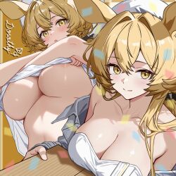 Rule 34 | 1girl, animal ears, areola slip, arknights, beret, blonde hair, blush, breasts, character name, cleavage, clothes lift, confetti, dorothy (arknights), hat, highres, large breasts, long hair, shirt lift, smile, tokinin4, underboob, yellow eyes