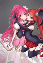 2girls :d aino_megumi black_gloves black_legwear black_vest blue_eyes boots breast_press collarbone cure_lovely elbow_gloves gloves grey_background hair_between_eyes happinesscharge_precure! high_ponytail highres holding_another&#039;s_hair kneeling long_hair miniskirt multiple_girls open_mouth pink_hair pink_skirt pleated_skirt ponytail precure red_eyes red_hair red_skirt shipu_(gassyumaron) short_sleeves simple_background skirt smile symmetrical_docking thigh_boots thighhighs unlovely_(happinesscharge_precure!) very_long_hair vest white_footwear white_sleeves zettai_ryouiki