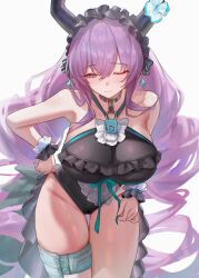 1girl absurdres animal_ears aqua_bow aqua_ribbon arknights bare_shoulders black_choker black_hairband black_horns black_one-piece_swimsuit black_tail bow bracelet breasts choker closed_mouth collarbone commentary cowboy_shot expressionless feet_out_of_frame frilled_bracelet frilled_hairband frilled_one-piece_swimsuit frills hair_between_eyes hair_spread_out hairband highres horns jewelry large_breasts long_hair looking_down official_alternate_costume one-piece_swimsuit one_eye_closed purple_hair red_eyes ribbon sidelocks simple_background solo standing swimsuit tail thigh_strap typhon_(arknights) typhon_(temperature_difference)_(arknights) uof very_long_hair white_background